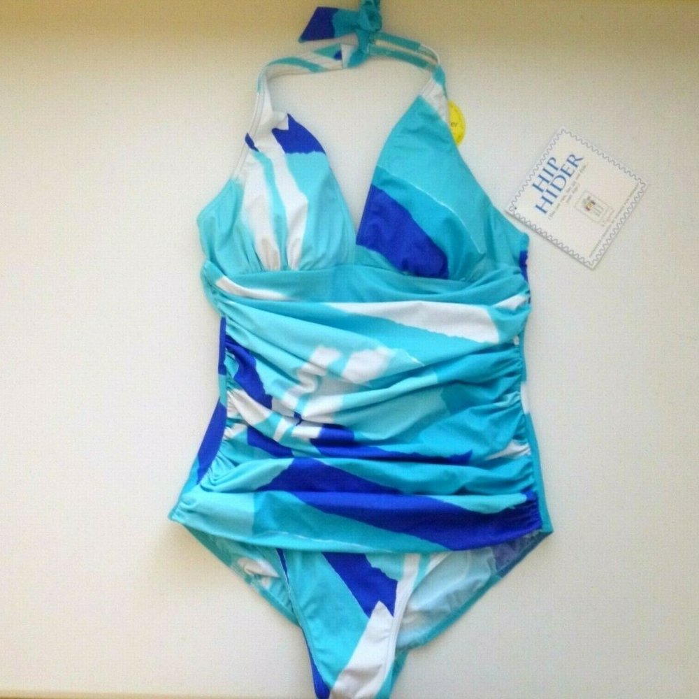 It Figures Hip Hider Halter Blue Shirred Swimsuit